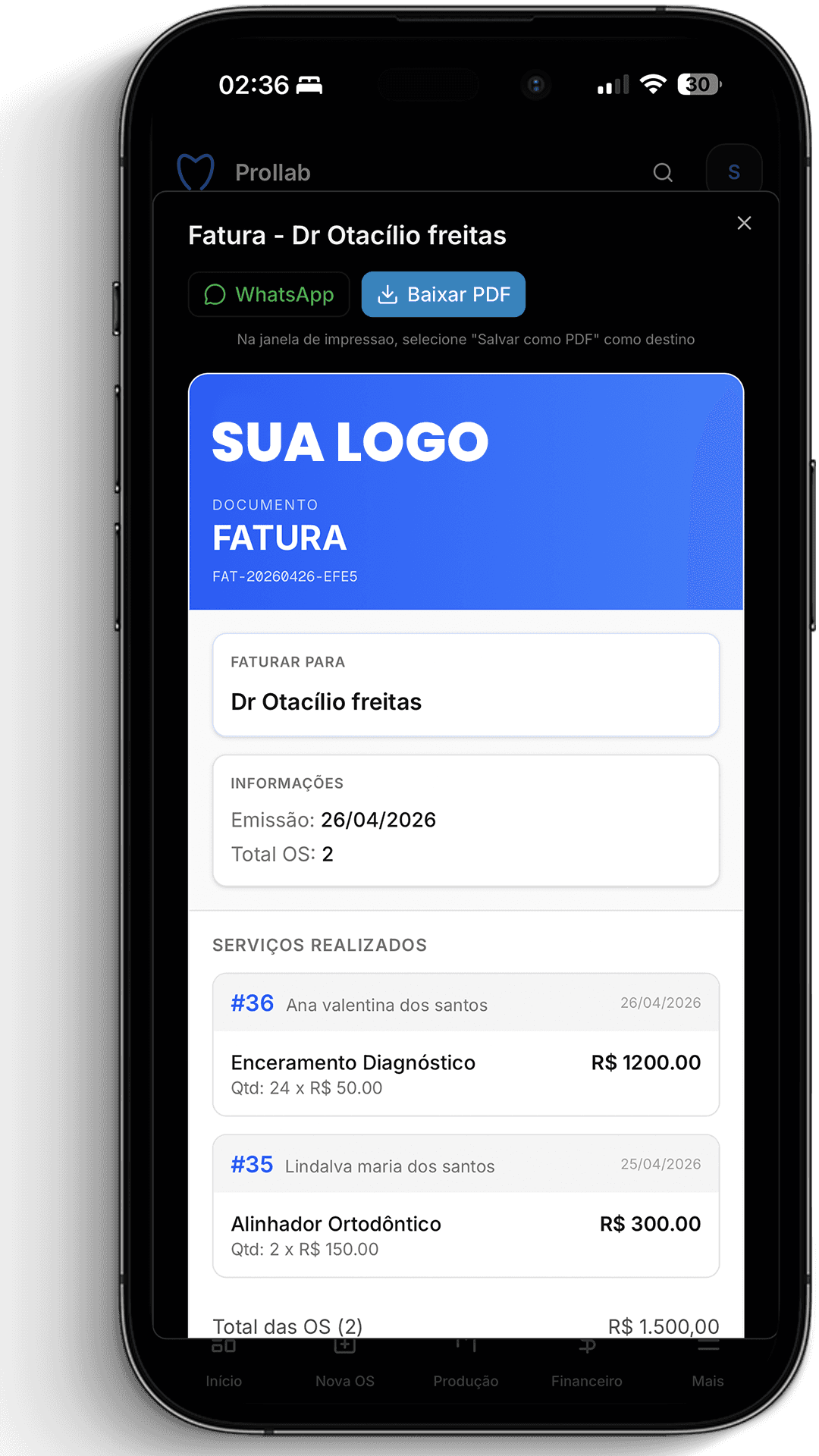 Exemplo de fatura mensal em PDF gerada pelo Prollab — sistema para laboratório de prótese dentária — com logotipo do laboratório, lista de ordens de serviço do dentista no período e valor total a pagar